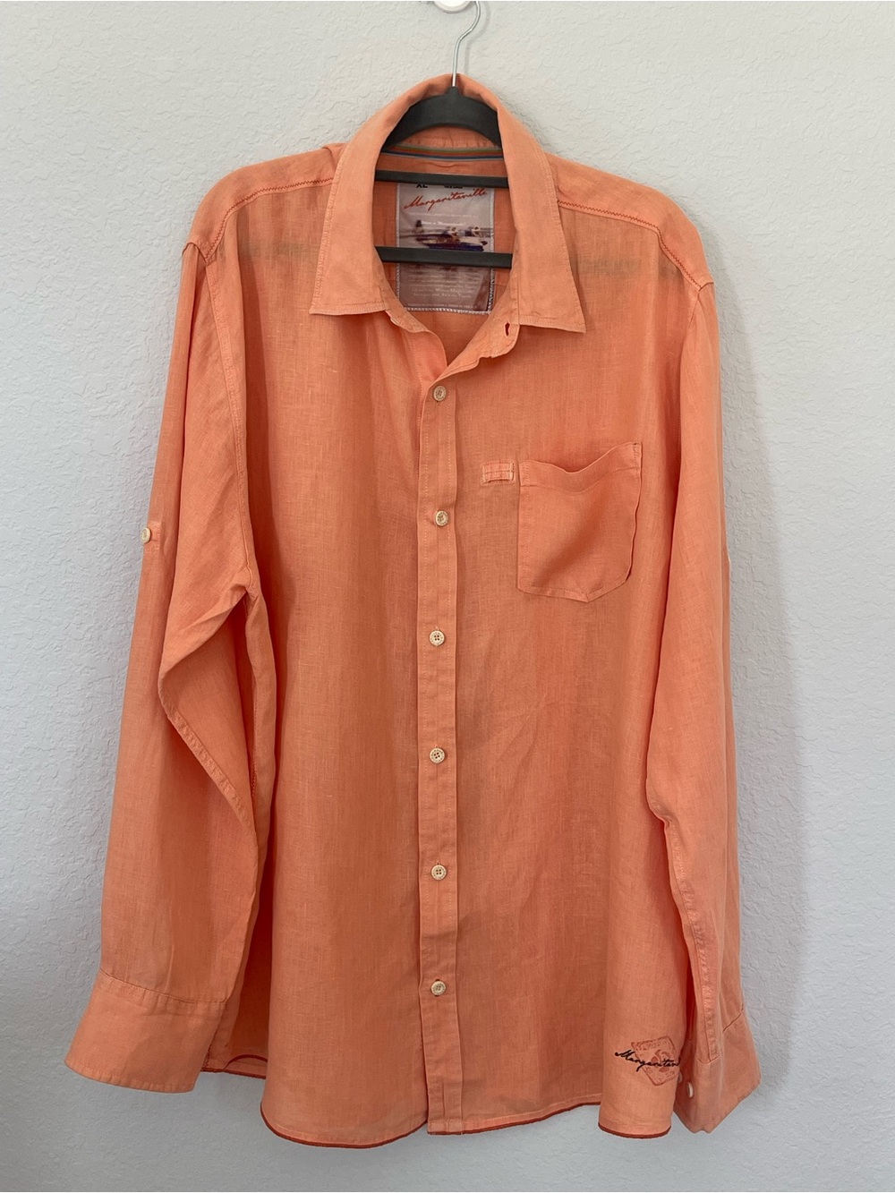 Margaritaville Men’s XL 100% Linen Coral Roll Tab Button Down Shirt